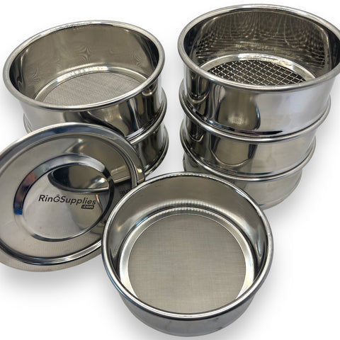 Screen sieves, stainless steel set with lid and bottom